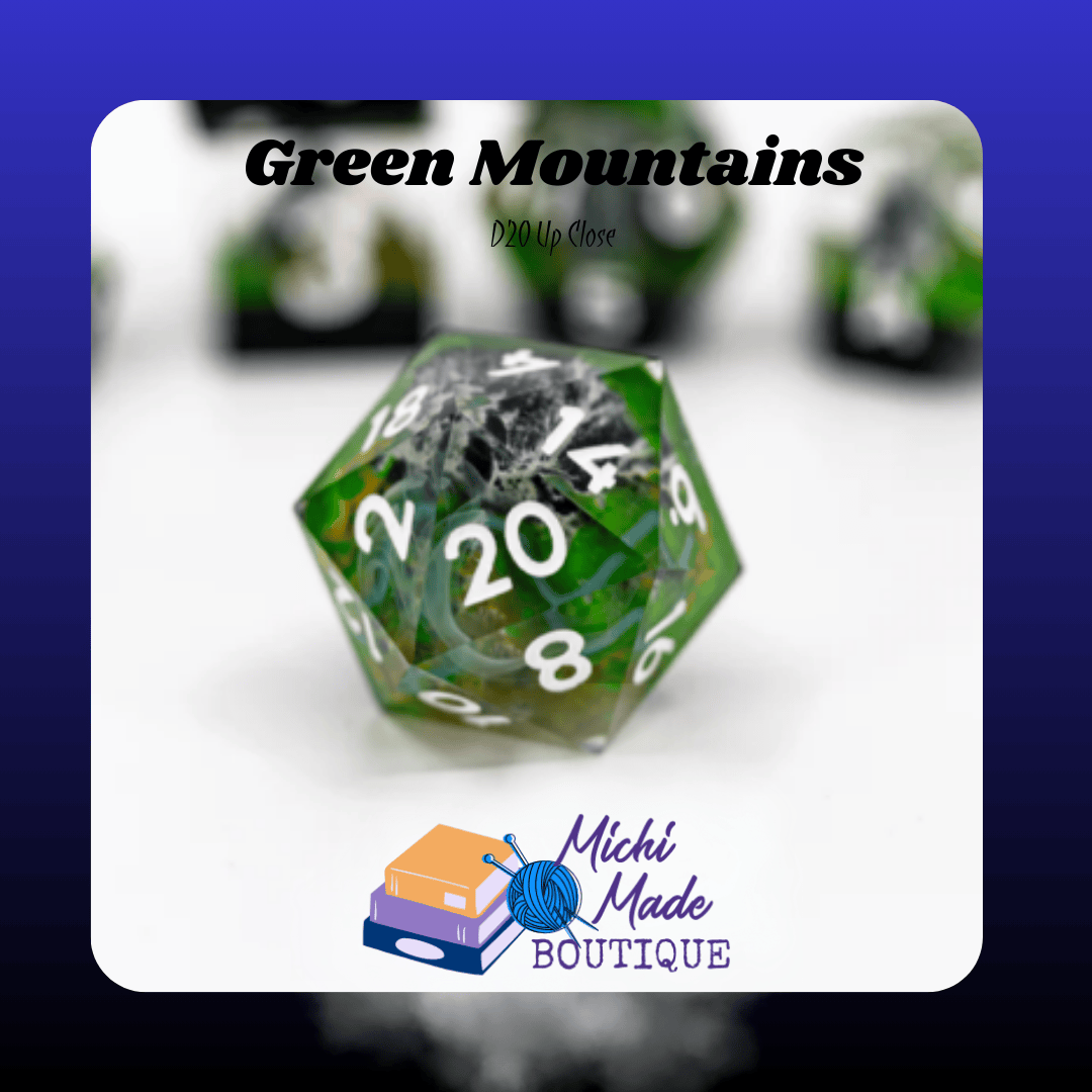 Green Mountains – D20 Up Close — Close-up of d20 showing swirling clouds over green mountain with white numbers.