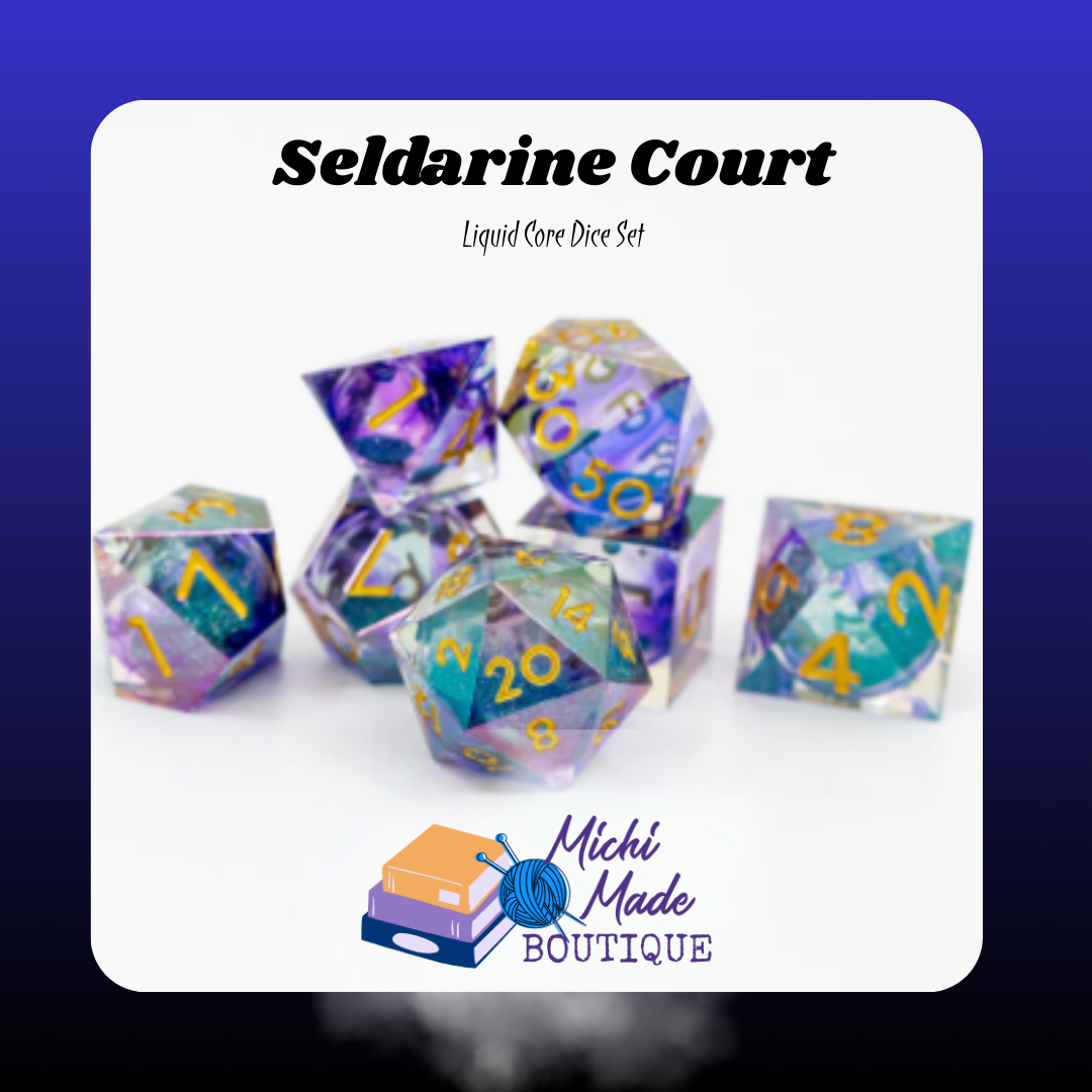 • Seldarine Court: Purple and teal liquid-core dice with gold numbers and gem-like green cores.