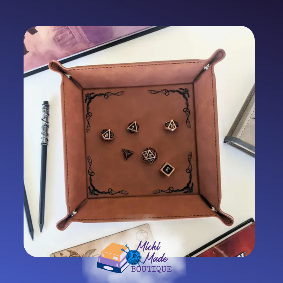 Chestnut tray with ornate border design and dice inside.