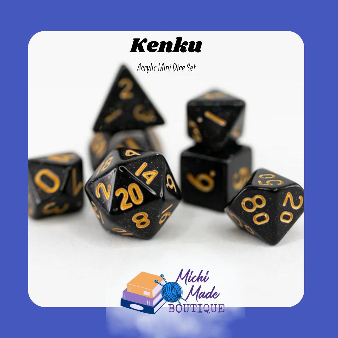 Kenku — Black glitter mini dice with gold numbers, sleek mischief.