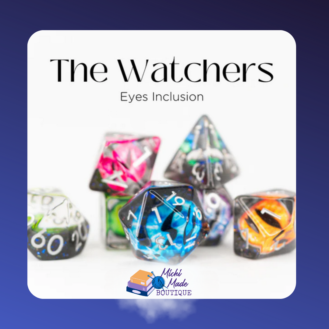 Multi-colored dice with staring eye inclusions, white numbers – The Watchers set.