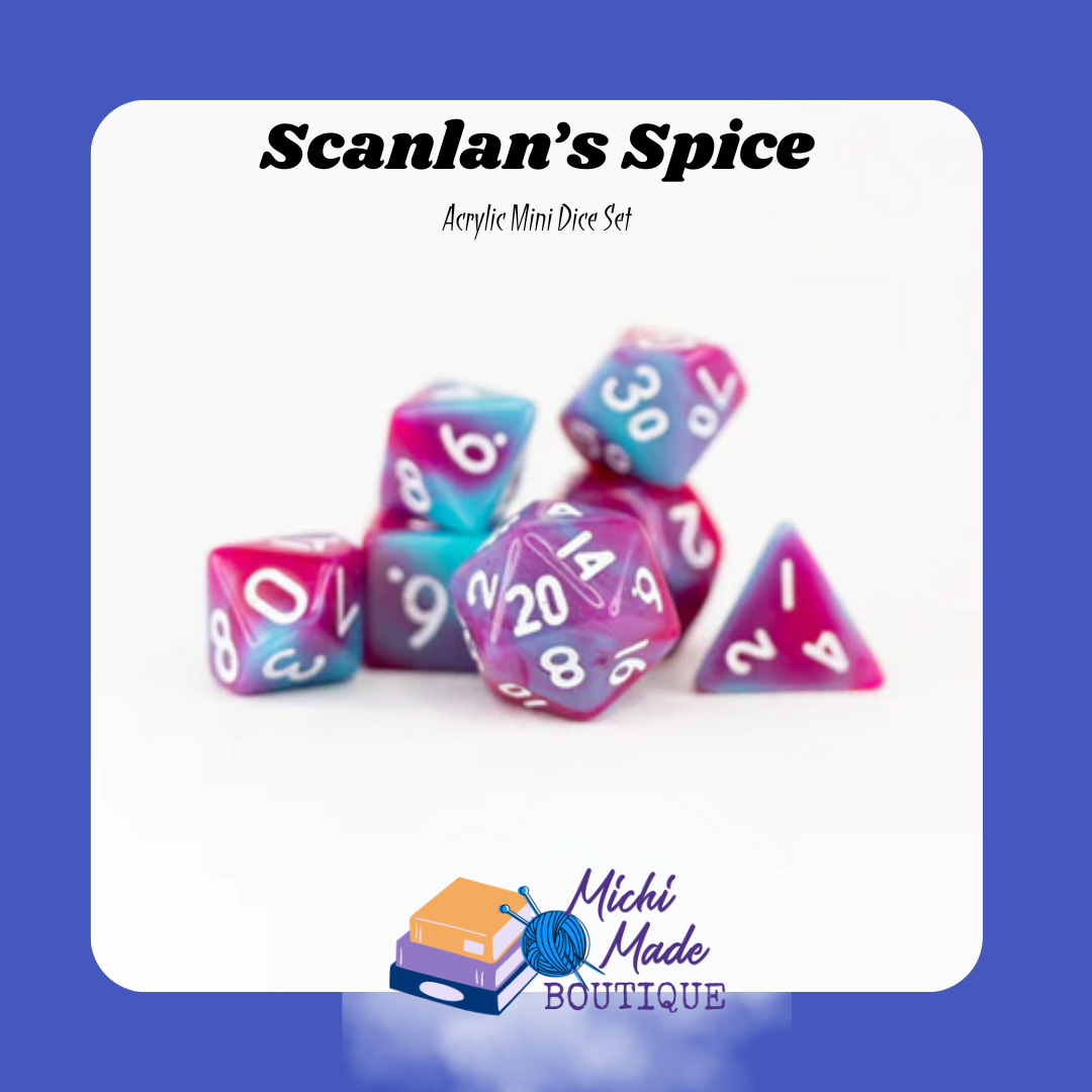 Scanlan’s Spice — Pink blue swirl mini dice with white numbers, playful.