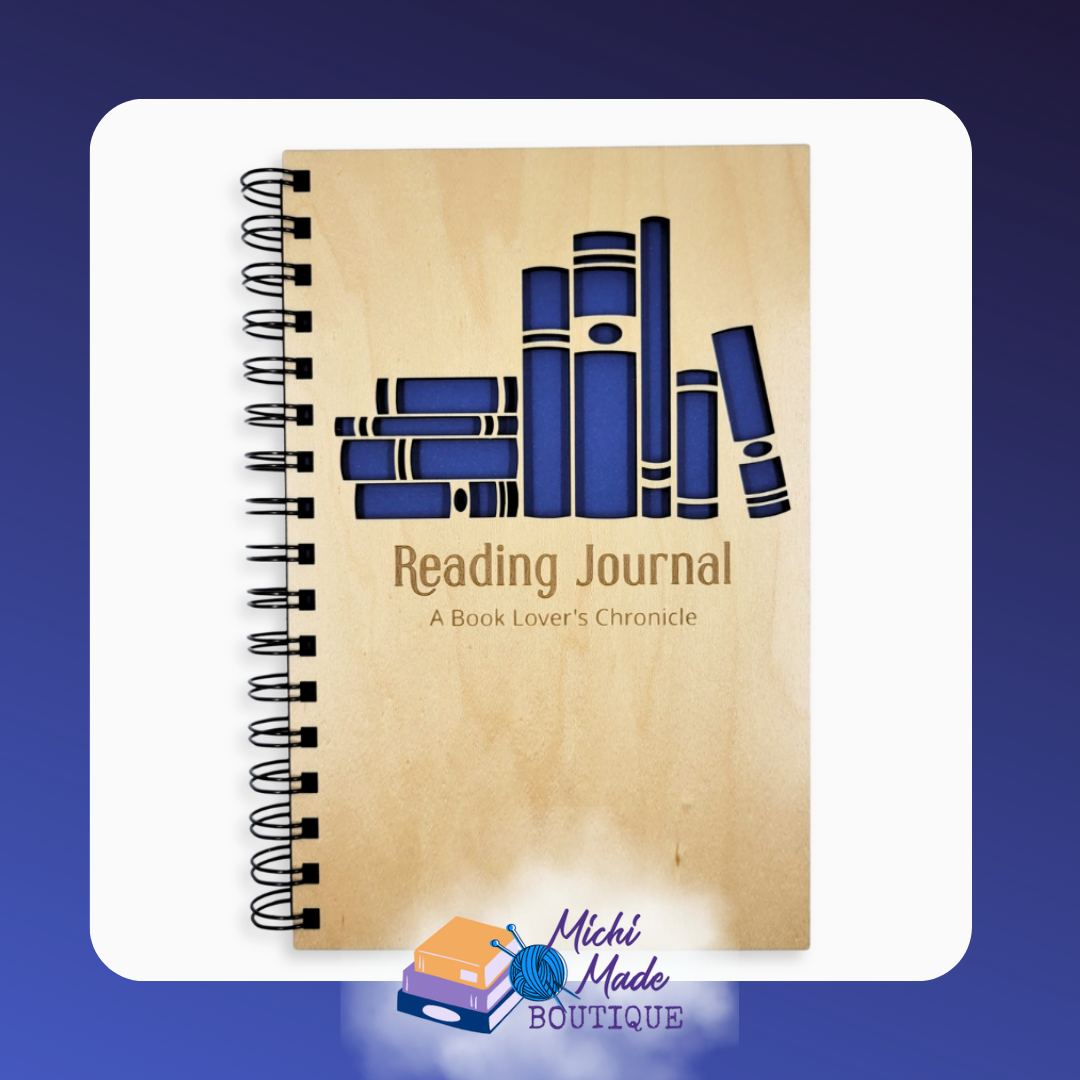 Wood cover reading journal with blue book cutout design and “Reading Journal: A Book Lover’s Chronicle” text.