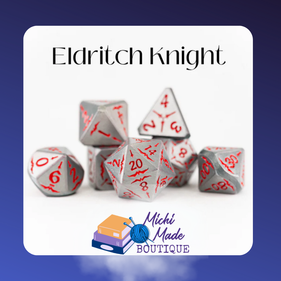 Eldritch Knight – Silver 7-piece dice set with crimson lightning etchings, forged for magical warriors and crits.