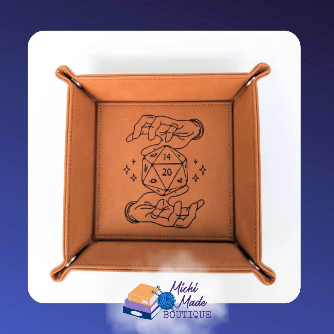 Chestnut tray engraved with sorcerer’s hands conjuring a d20.