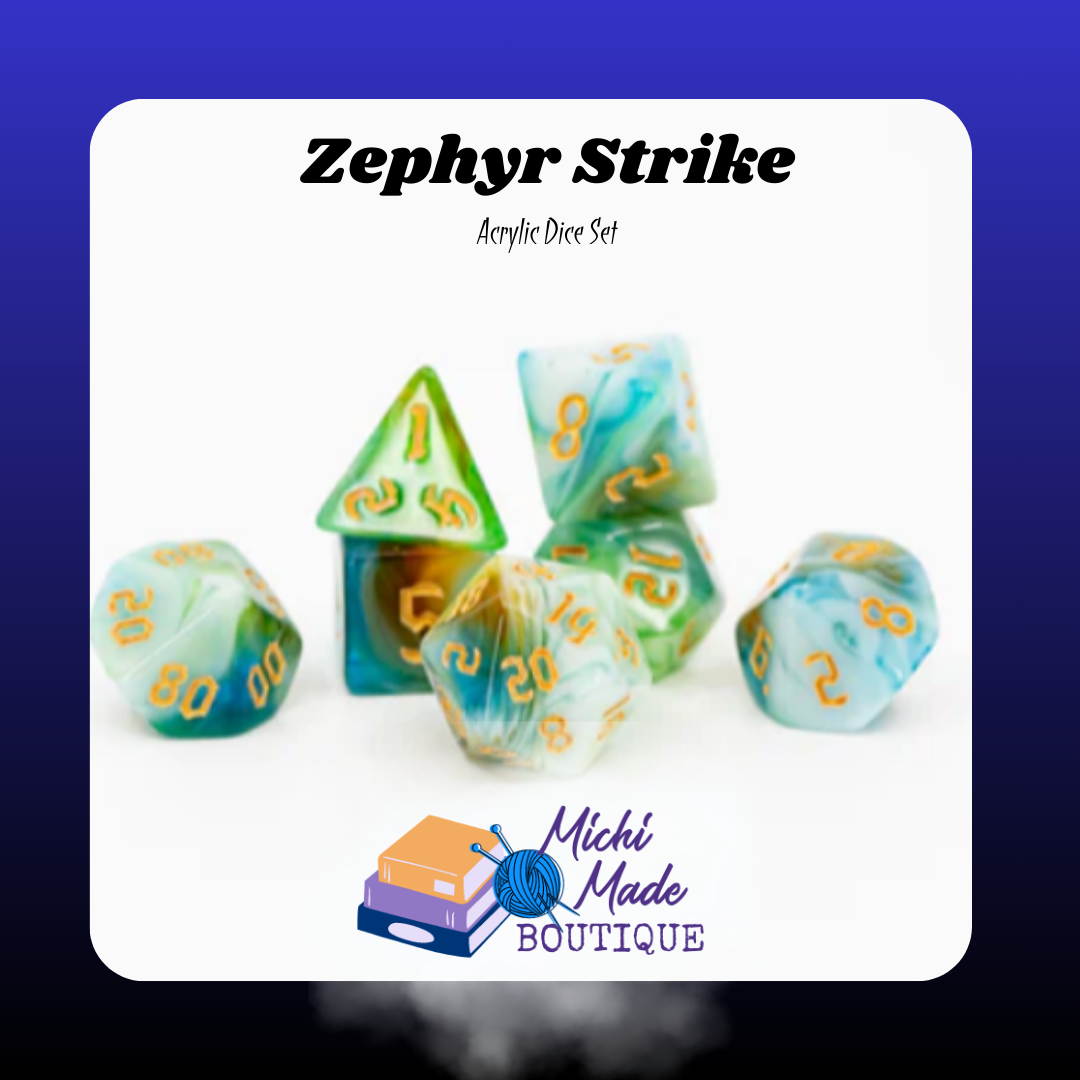 Zephyr Strike: “Mint, teal, and ochre-swirled acrylic dice with gold numerals.”