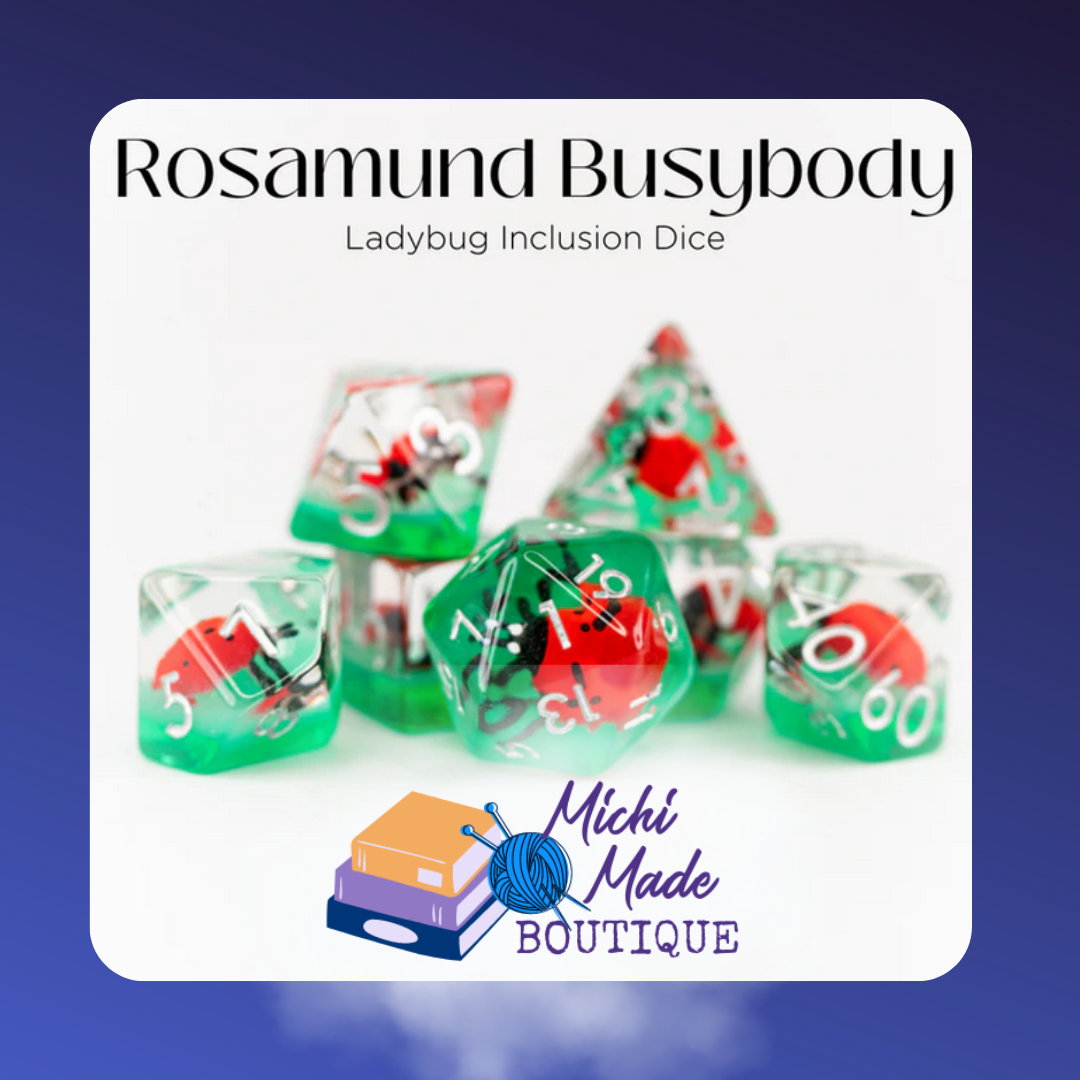Green dice with ladybug inclusions, white numbers – Rosamund Busybody set.