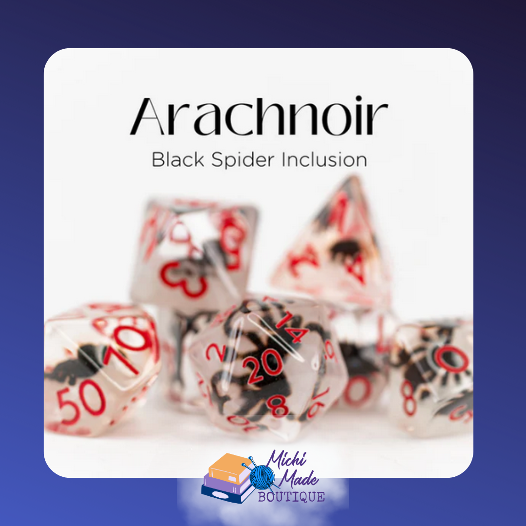 Clear dice with black spider inclusions, red numbers – Arachnoir set.
