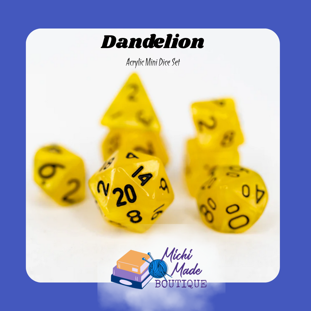 Dandelion — Yellow mini dice with crisp black numbers, sunny and sharp.