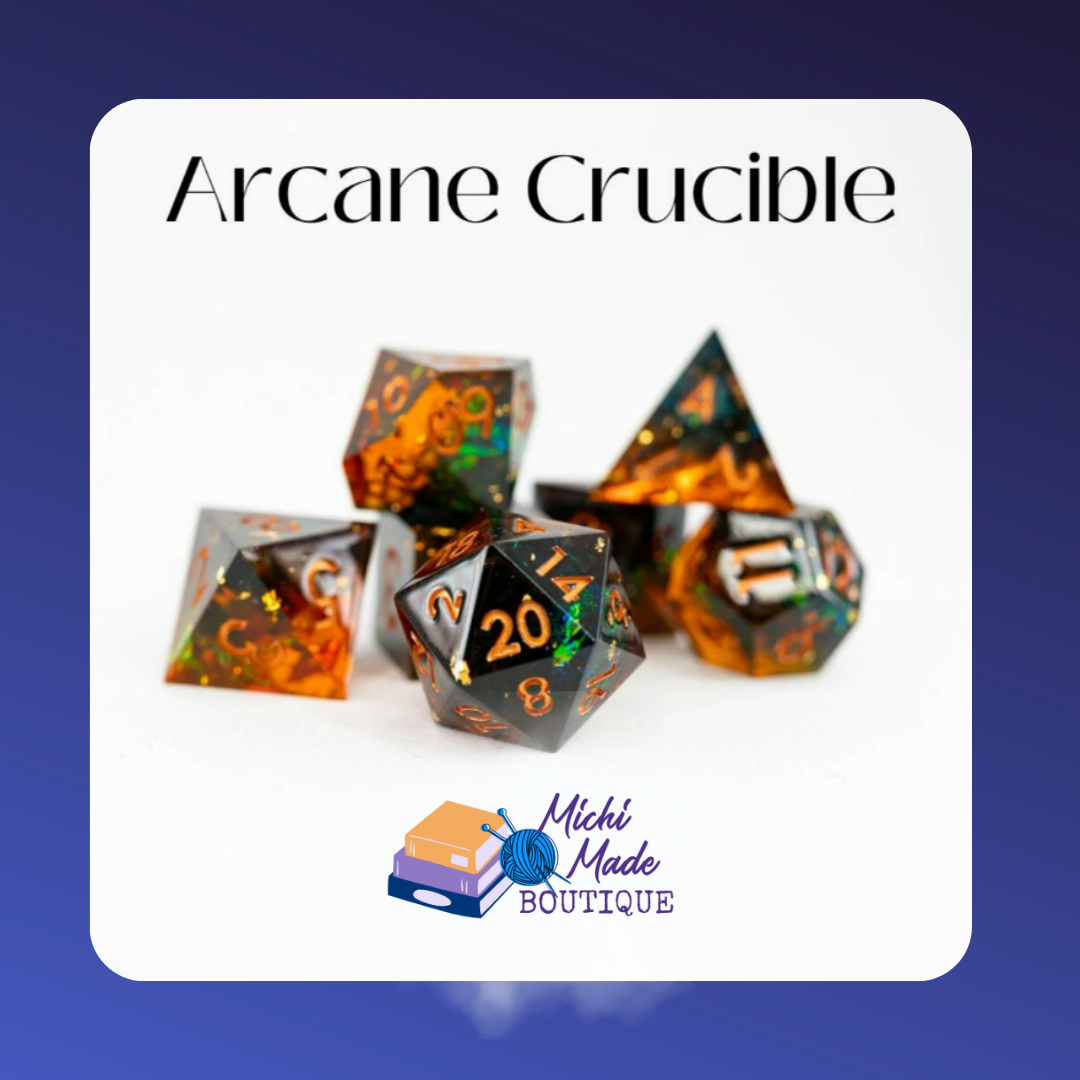 Arcane Crucible — Black and amber resin dice with green iridescent flakes and copper numbering on a white background.