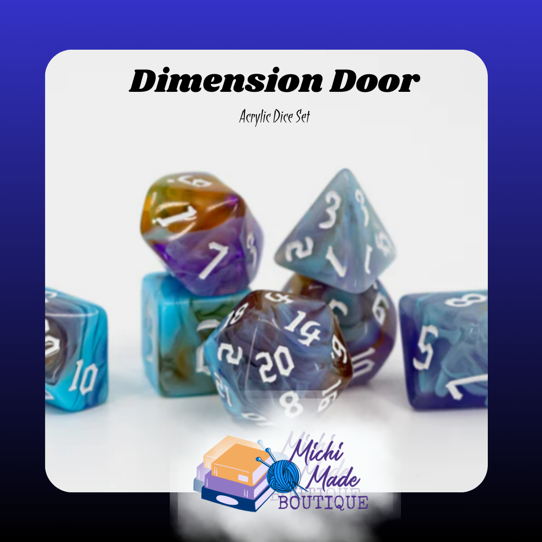 Dimension Door: “Acrylic dice swirling teal, indigo, and amber with crisp white numerals.”