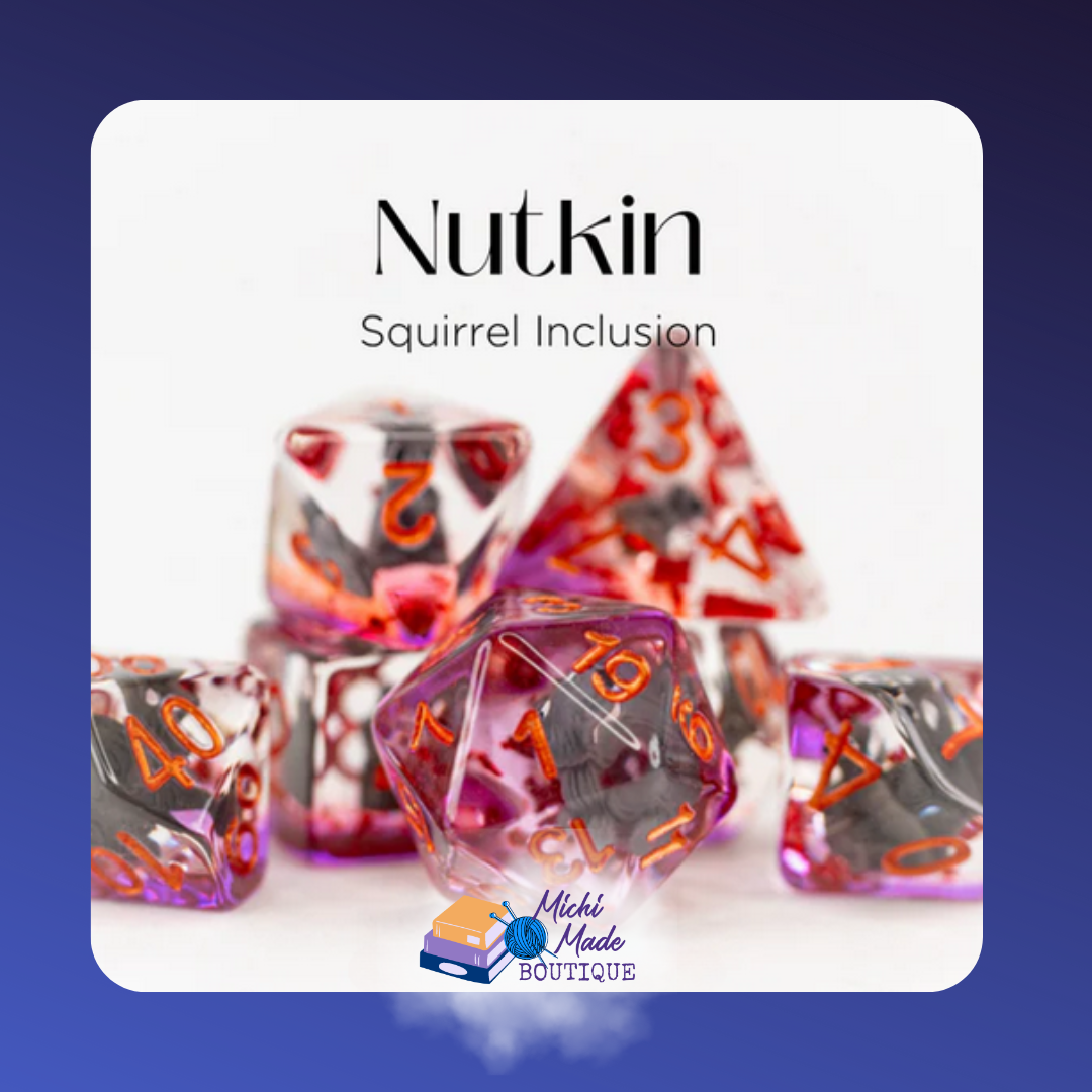 Ruby dice with squirrel inclusions, orange numbers – Nutkin set.