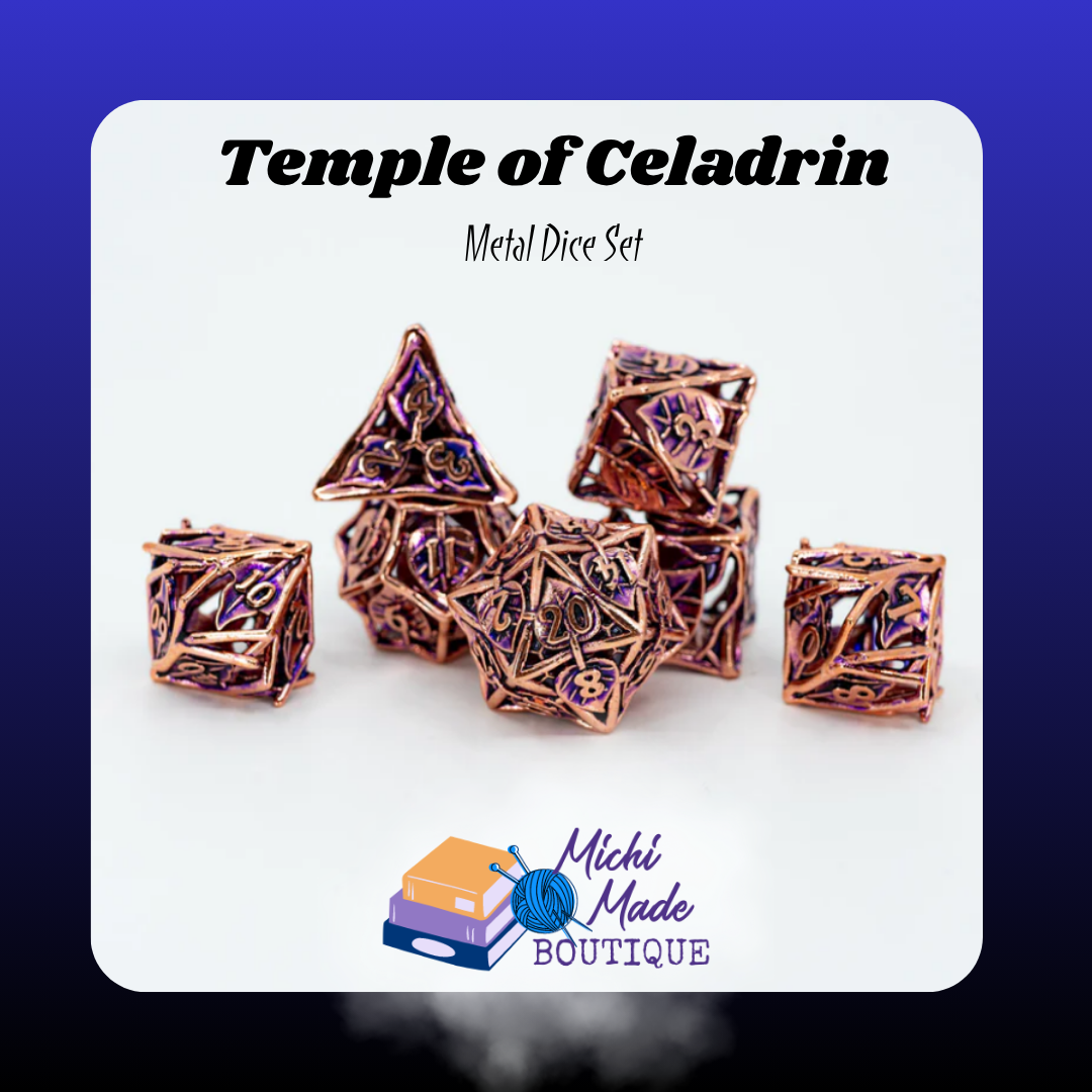 Seven-piece Temple of Celadrin hollow metal dice set in warm copper plating with purple inner accents.