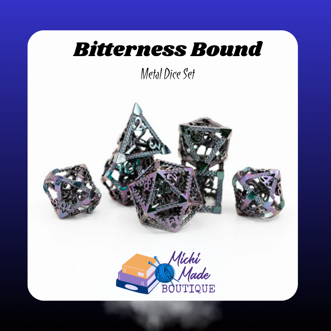 Bitterness Bound – Full Set A hollow metal dice set in iridescent purples and greens, each die featuring intricate latticework with a dragon core inside, arranged in a tabletop display.