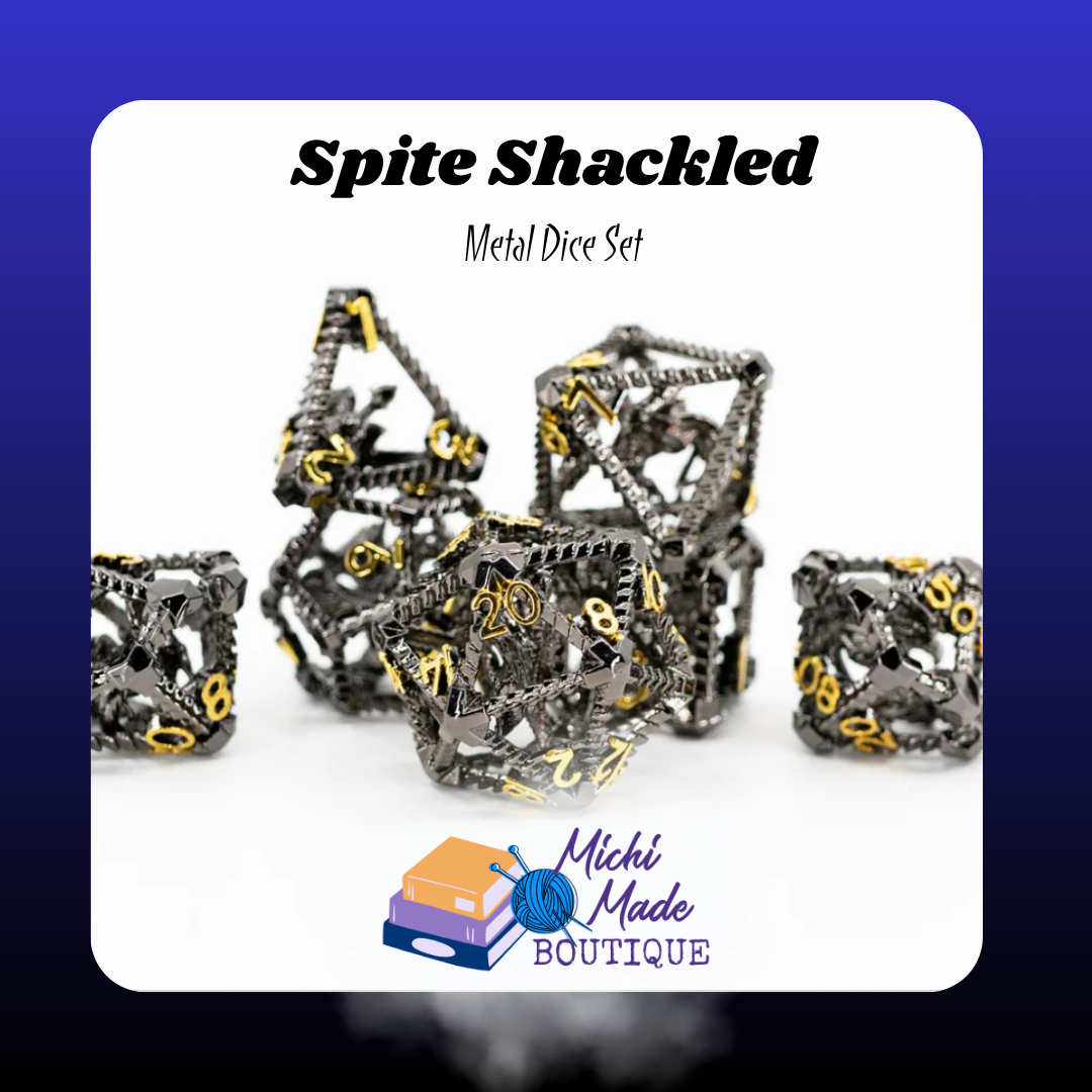 Spite Shackled – Full Set A dark metallic dice set with blackened frames and gold numbering, each die encasing a miniature dragon.