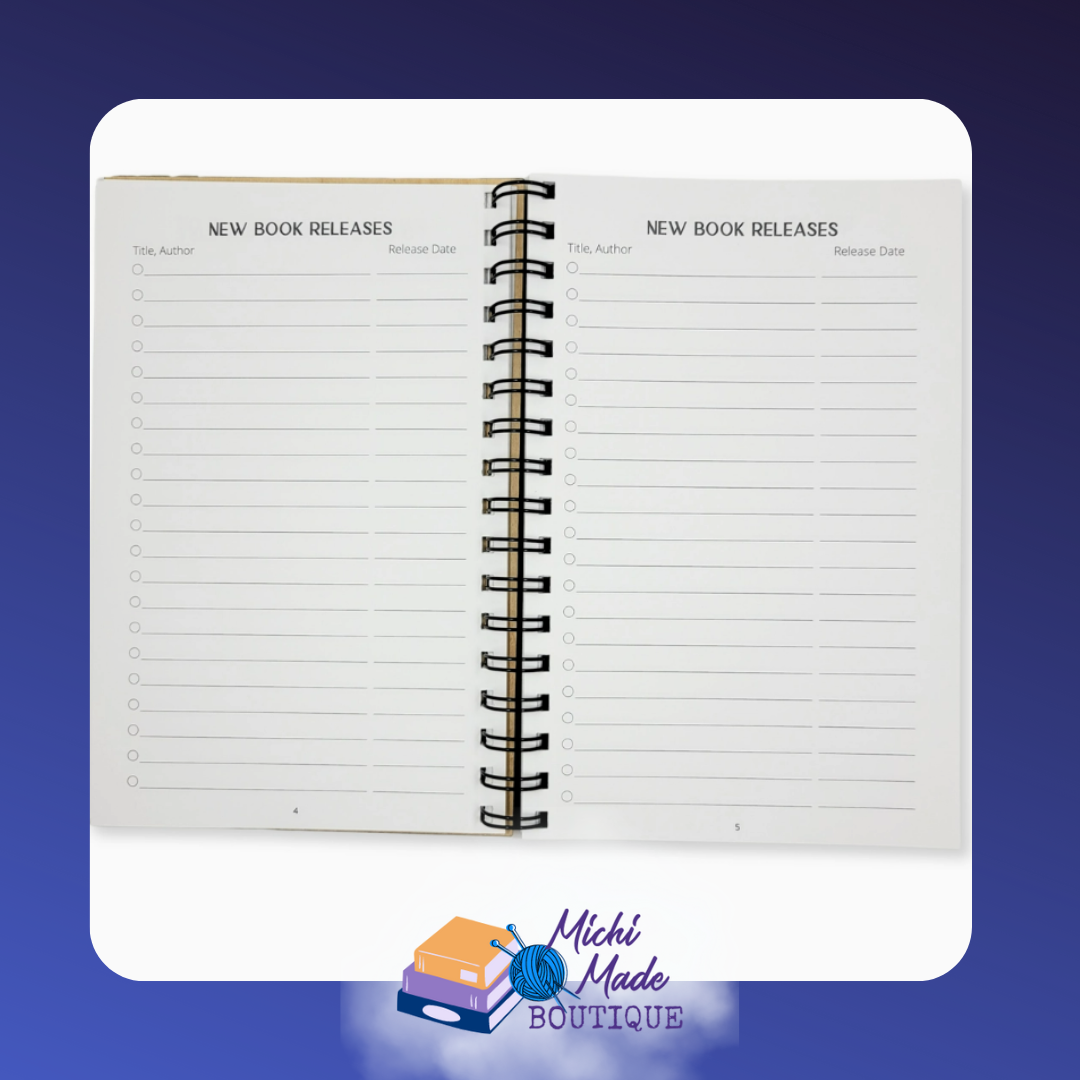 Interior page spread listing “New Book Releases” with space for title, author, and release date.