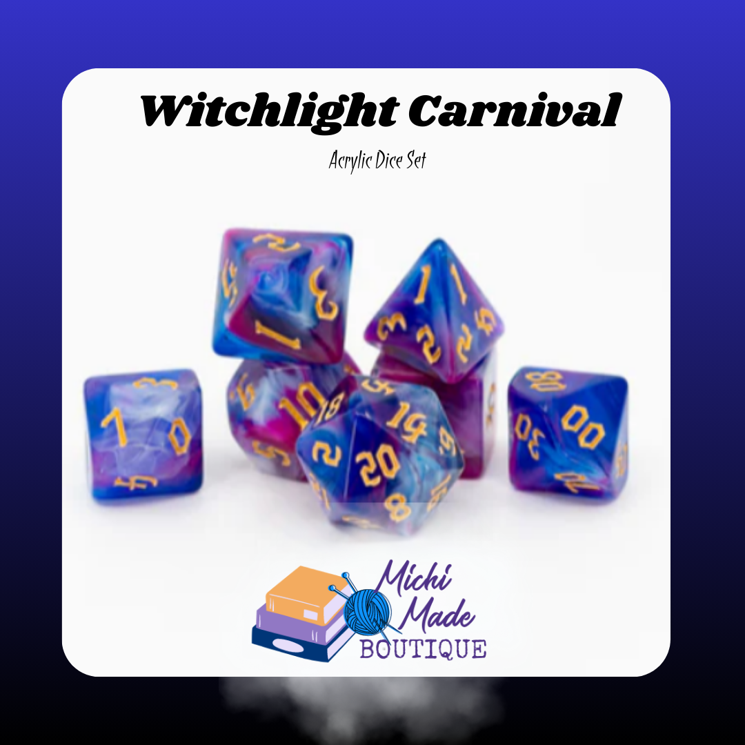 Witchlight Carnival: “Blue-and-magenta swirled acrylic dice with gold numerals.”