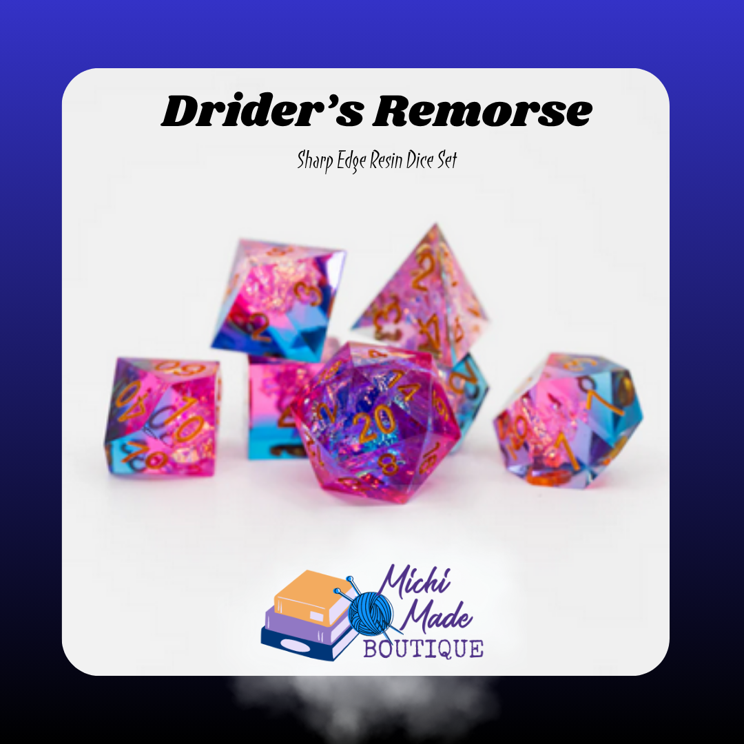 Drider's Remorse — Hot pink and blue sharp-edge resin dice with gold foil and copper numbering on a white background.