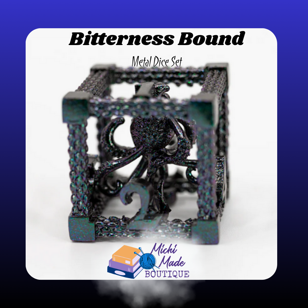 Bitterness Bound – D6 Close-Up Close-up of a hollow metal D6 in shimmering purple-green tones, showcasing a small dragon figure suspended inside the metal cage.