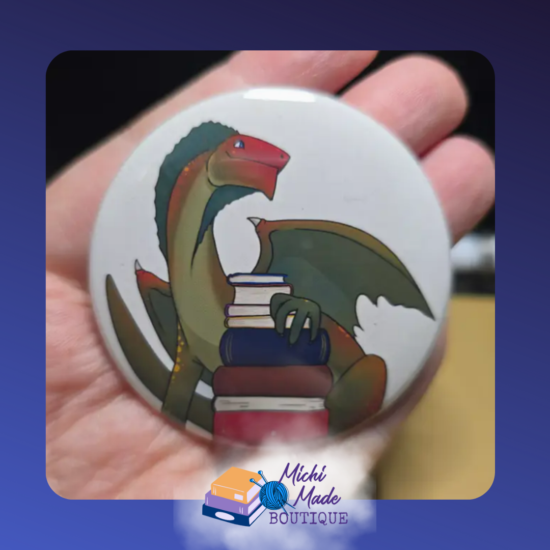Dragon with Stack of Books Fridge Magnet – Dragon perched on a tall stack of colorful books.