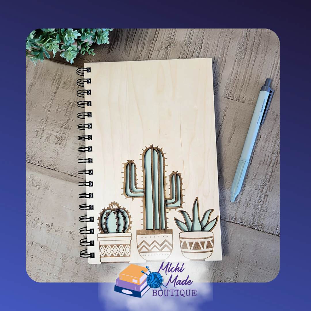 Cozy Cactus - Wooden journal with engraved and painted cactus trio in patterned pots.