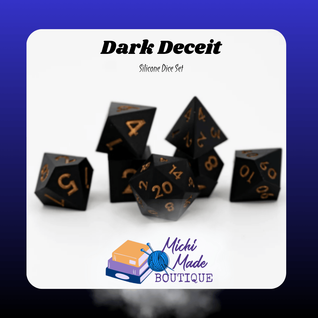 Dark Deceit — Matte-black silicone RPG dice with copper numerals, seven polyhedrals on a white background.