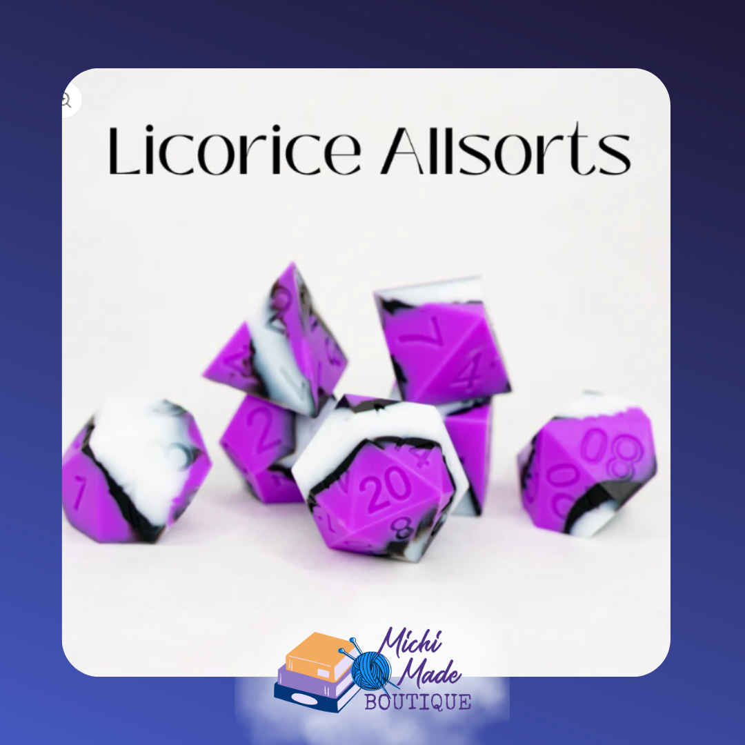 Licorice Allsorts — Purple, white, and black striped silicone RPG dice, seven-piece set on white.