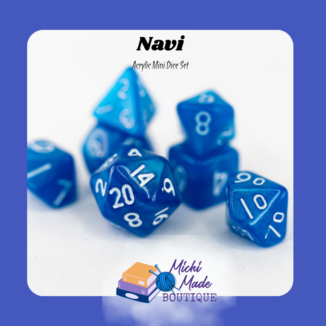 Navi — Bright blue mini dice with white numbers, crisp and clear.
