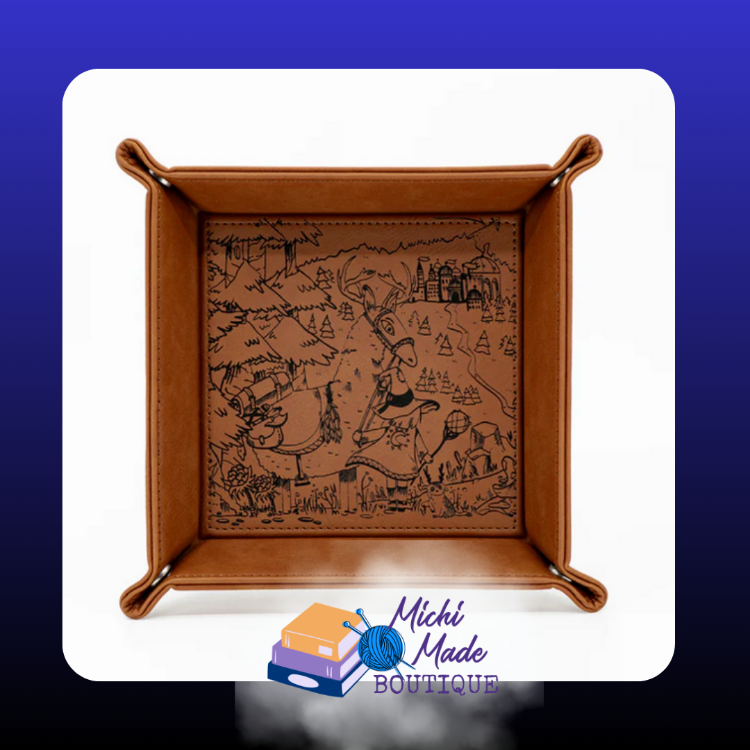 Chestnut tray engraved with whimsical adventurers and castle map scene.