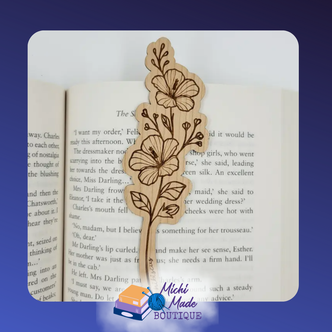 Hibiscus – Wooden bookmark shaped like hibiscus flowers with multiple blooms and leaves.