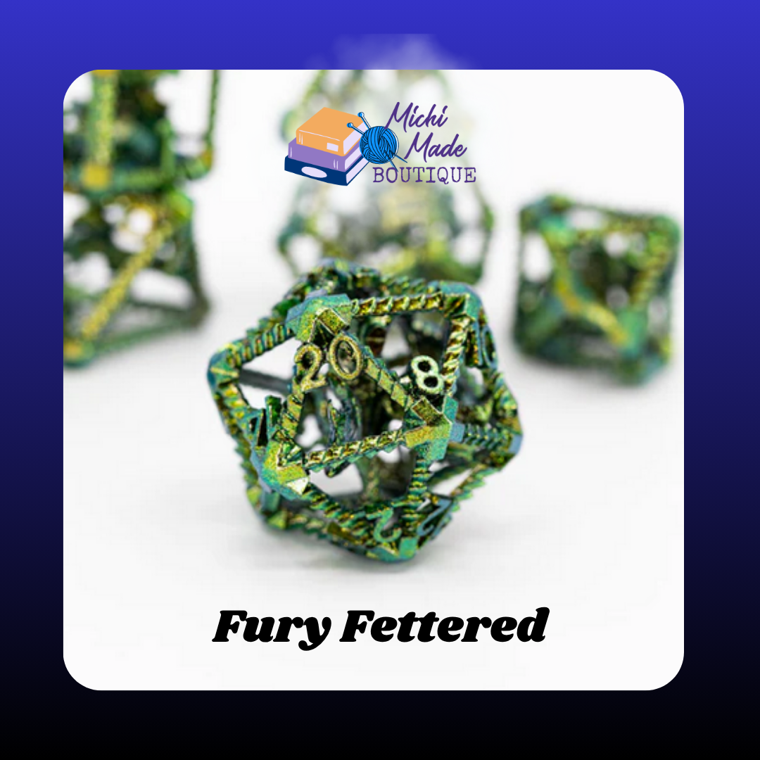 Fury Fettered – D20 Close-Up A detailed D20 featuring bright green metal with gold accents, showcasing the tiny dragon and rope-like metal textures.