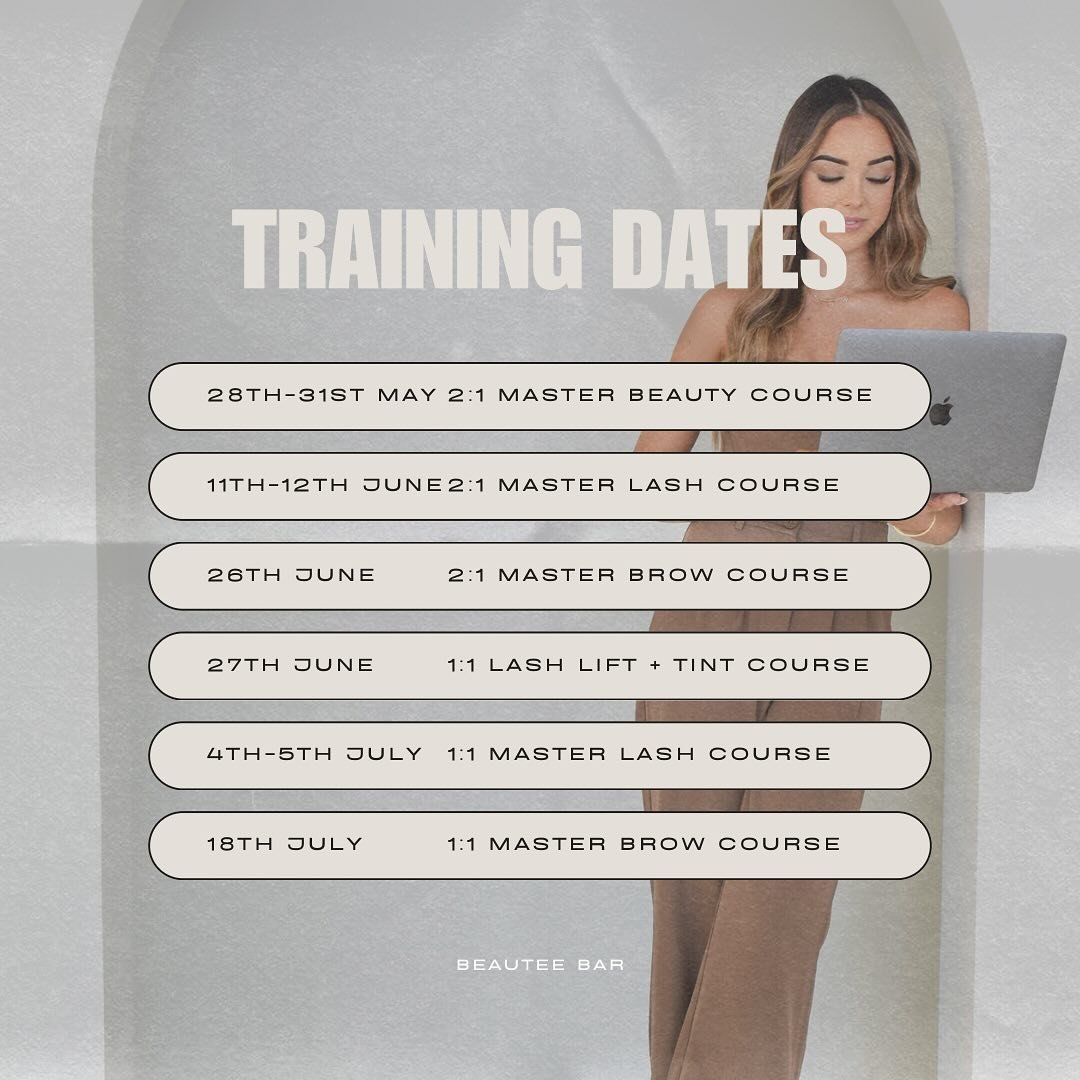 Get out your calendar ladies, because we&rsquo;re about to drop some important dates! 🧚&zwj;♀️⁠
⁠
All of my Upcoming Training Dates: ⁠
⁠
☁️ 2:1 Master Beauty Course - 28th-31st May
☁️ 2:1 Master Lash Course - 11th-12th June⁠
☁️ 2:1 Master Brow Cours