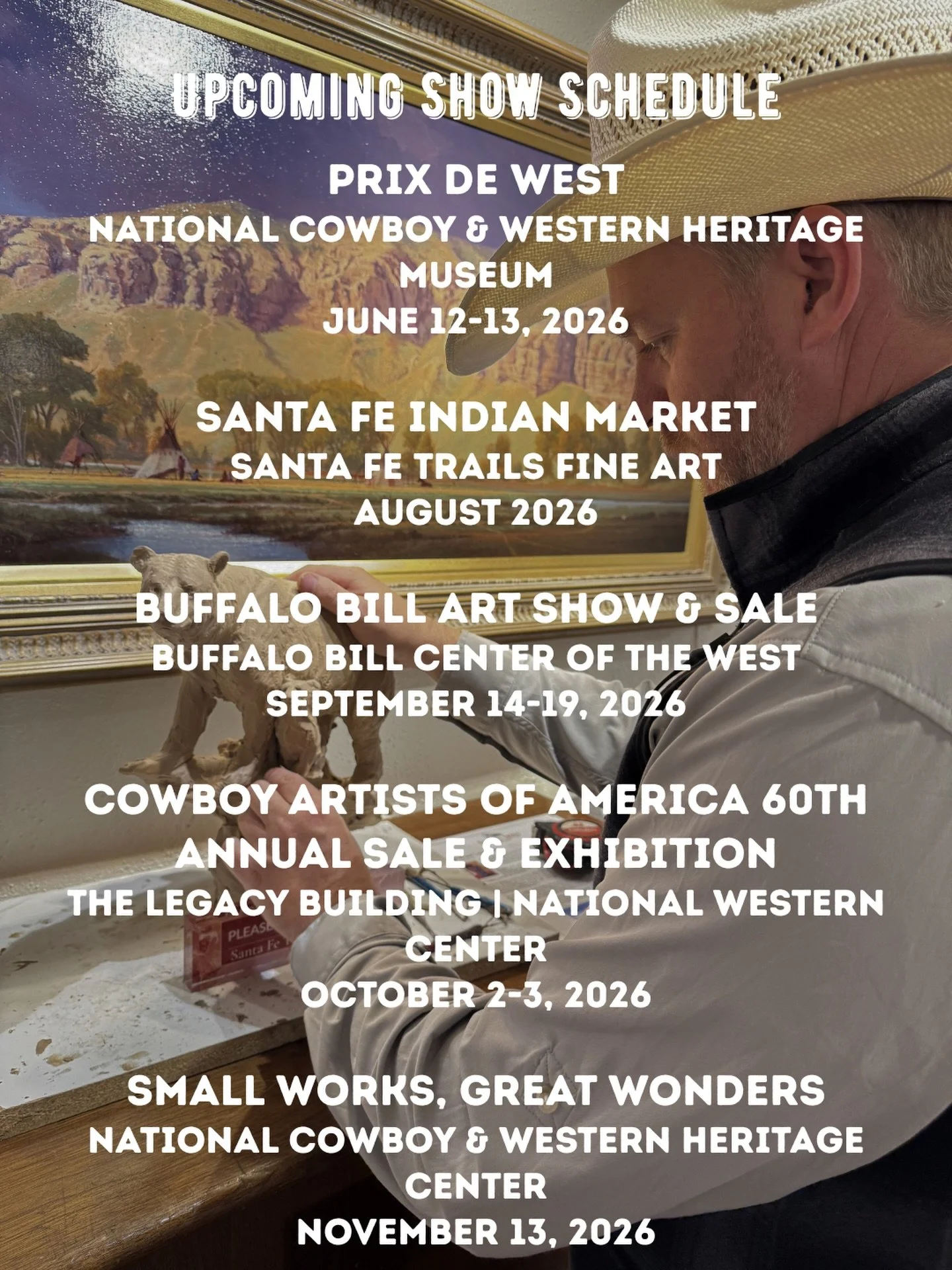 Join us for the remainder of the year at these shows, with the first, upcoming in June in Oklahoma City at the annual Prix de West.⁠
⁠
Prix De West⁠
National Cowboy &amp; Western Heritage Museum⁠
June 12-13, 2026⁠
⁠
Santa Fe Indian Market⁠
Santa Fe T