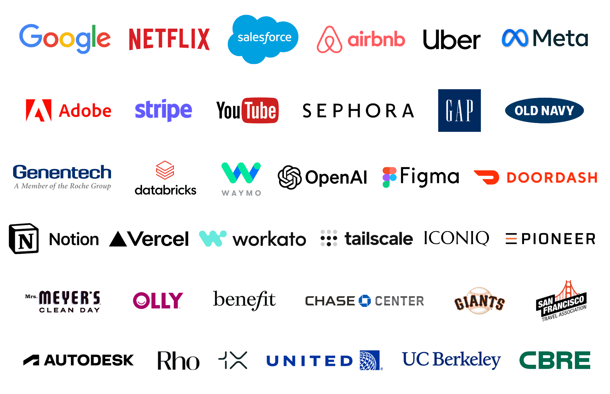Image showing the logos of global tech companies and Bay Area startups like Google, Netflix, Salesforce, Airbnb, Uber, Meta ,etc.