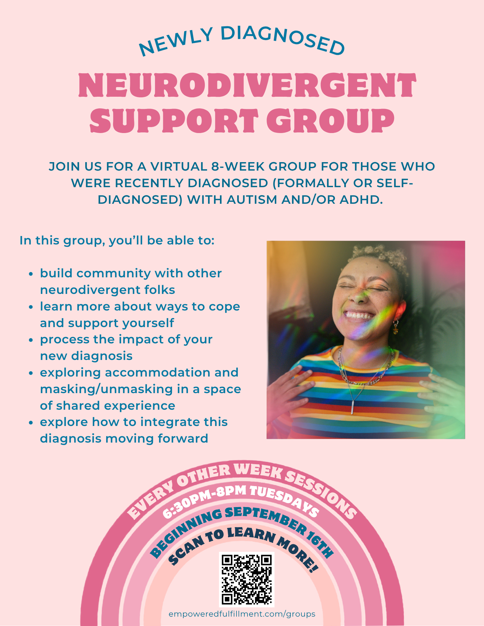 Flyer advertising an online 8-week support group for individuals recently diagnosed with autism and/or ADHD, beginning September 16th, featuring a smiling woman with rainbow-colored light reflections on her face.