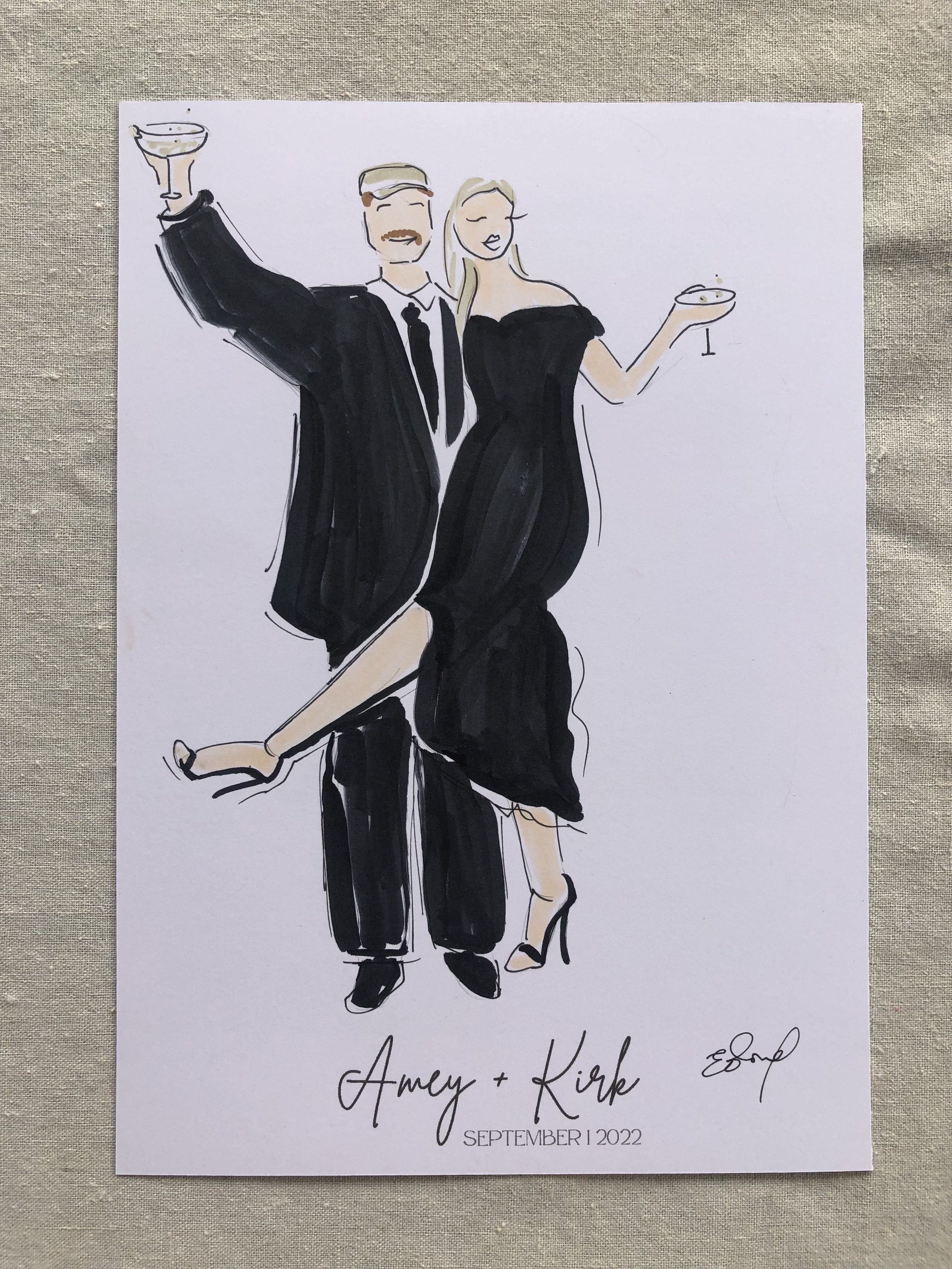 Live Illustration at the wedding of Amey and Kirk by Emma Bond Fashion illustrator and designer of Madi and Pip