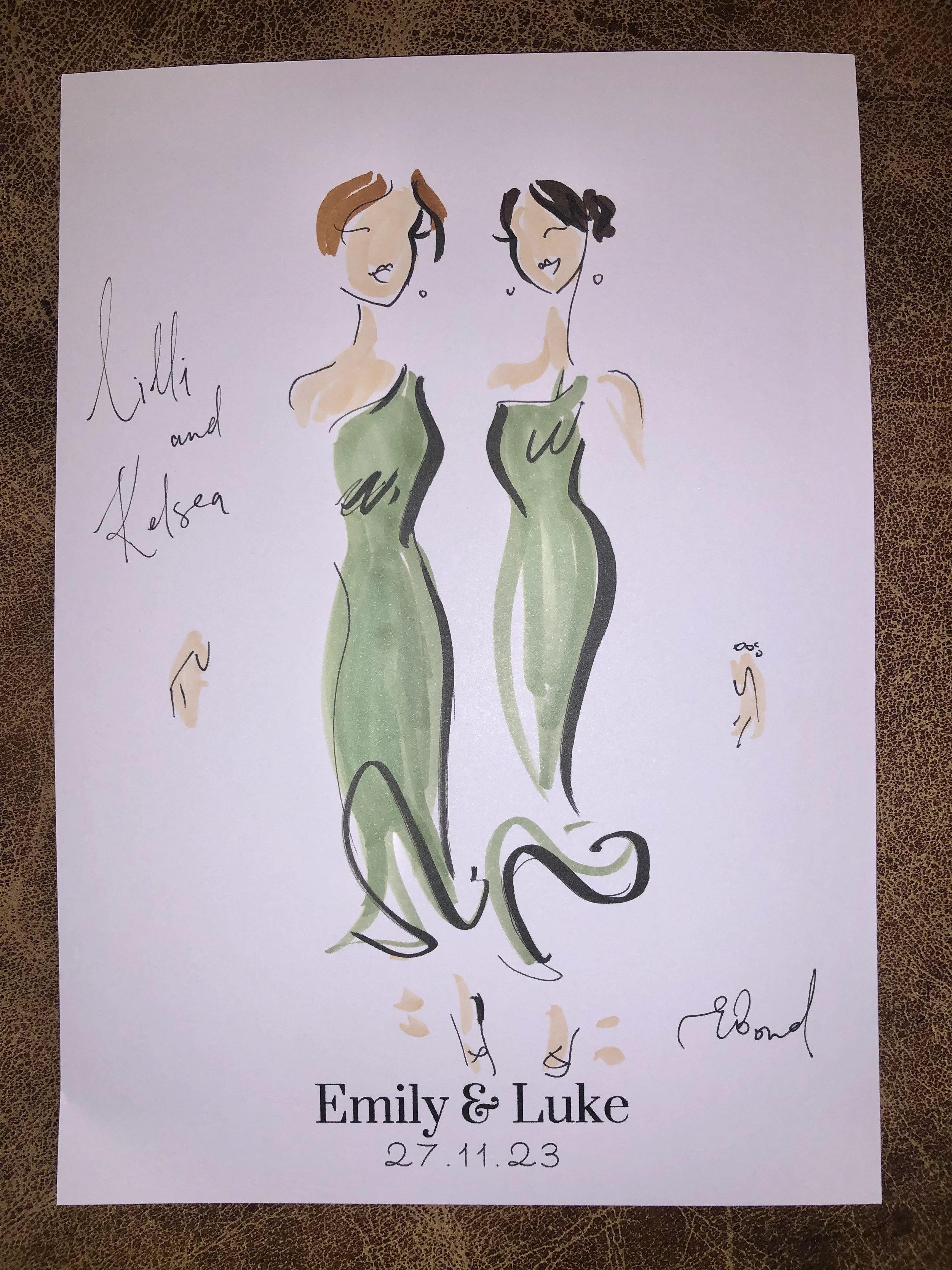 Madi and Pip live illustration at the wedding of Emily and Luke