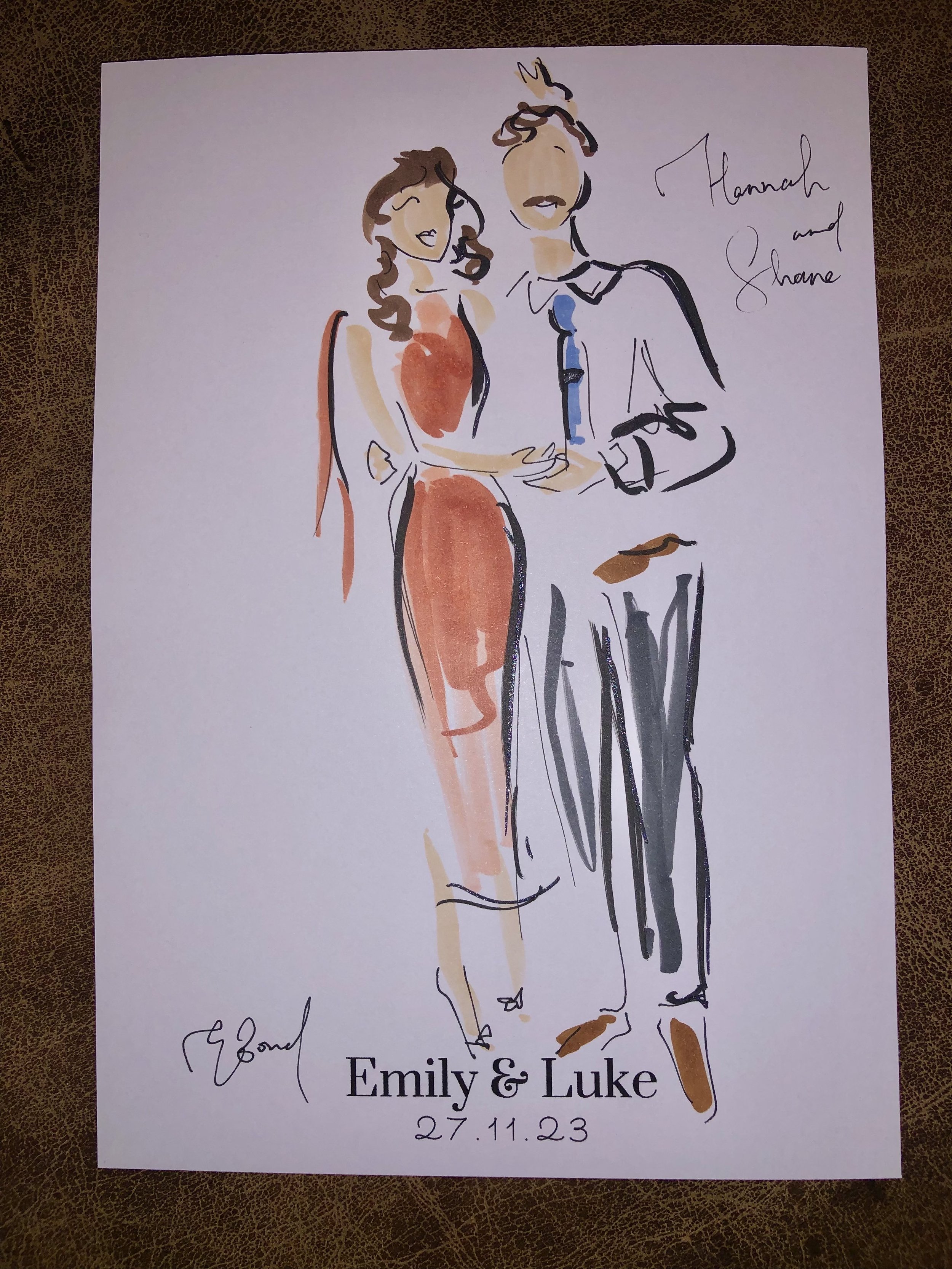 Madi and Pip live illustration at the wedding of Emily and Luke,