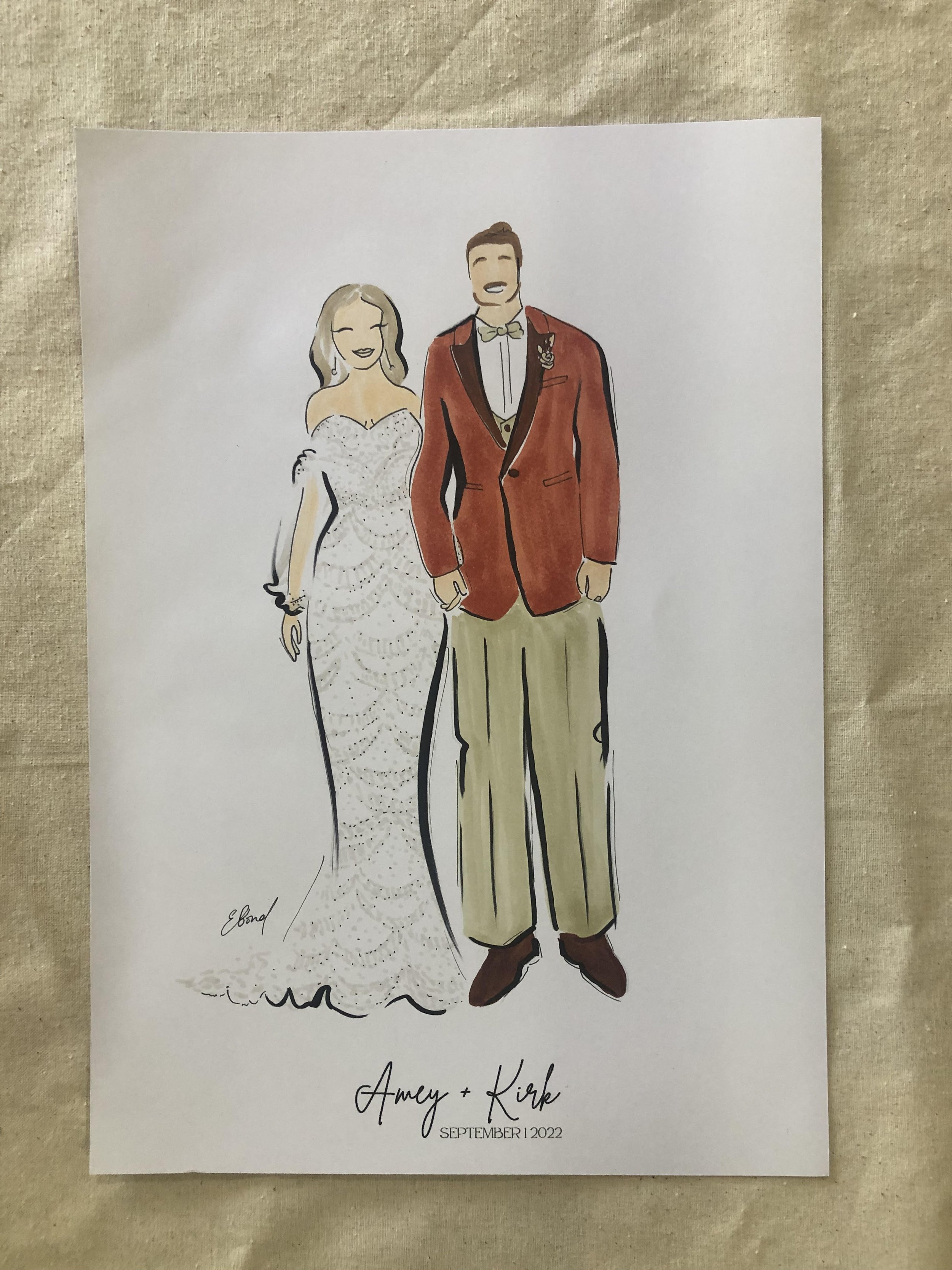 Live Illustration at the wedding of Amey and Kirk by Emma Bond Fashion illustrator and designer of Madi and Pip