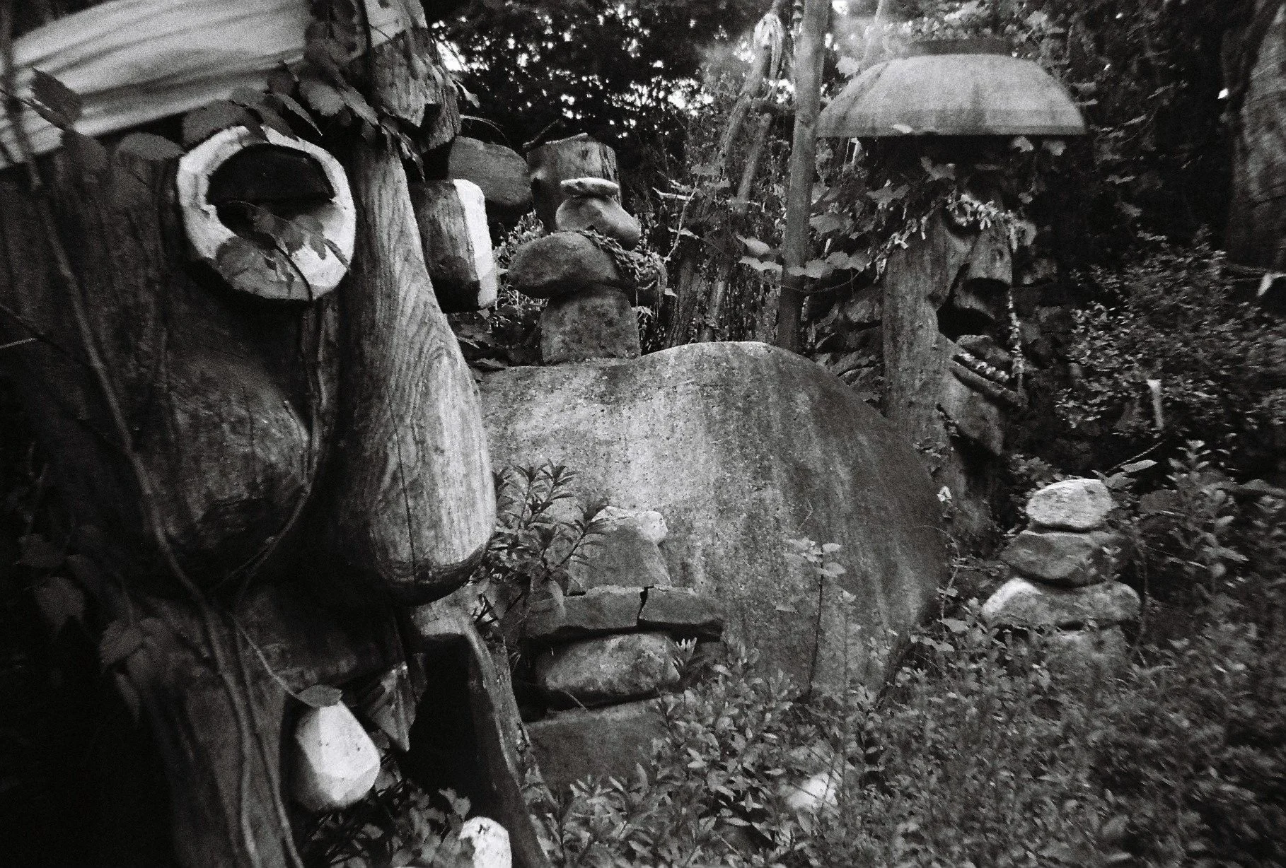 Carved Korean totem poles placed at the entrance to Andong Hahoe folk village in South Korea ward off evil spirits.