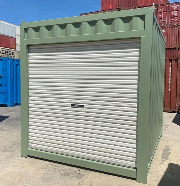 Pale Eucaluptus green shipping container with roller door