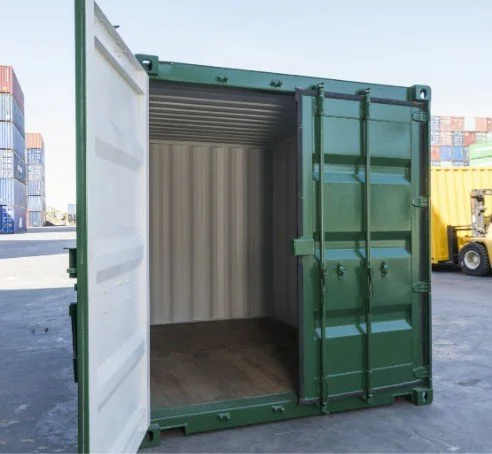 Green 10ft shipping container with original double cargo doors ope