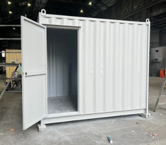 Custom size shipping container painted white with open door