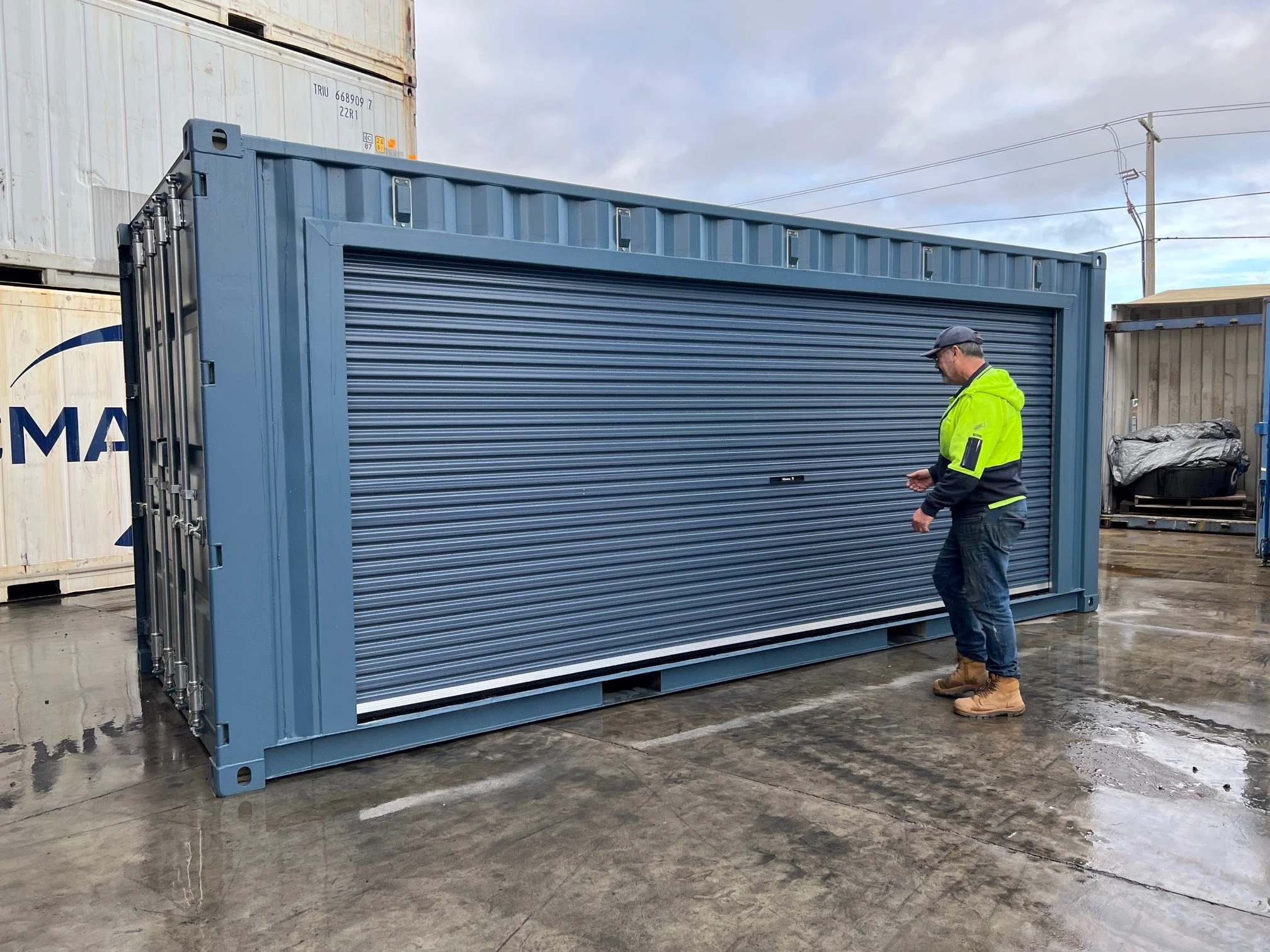 Shipping container with roller door modification at our Melbourne workshop