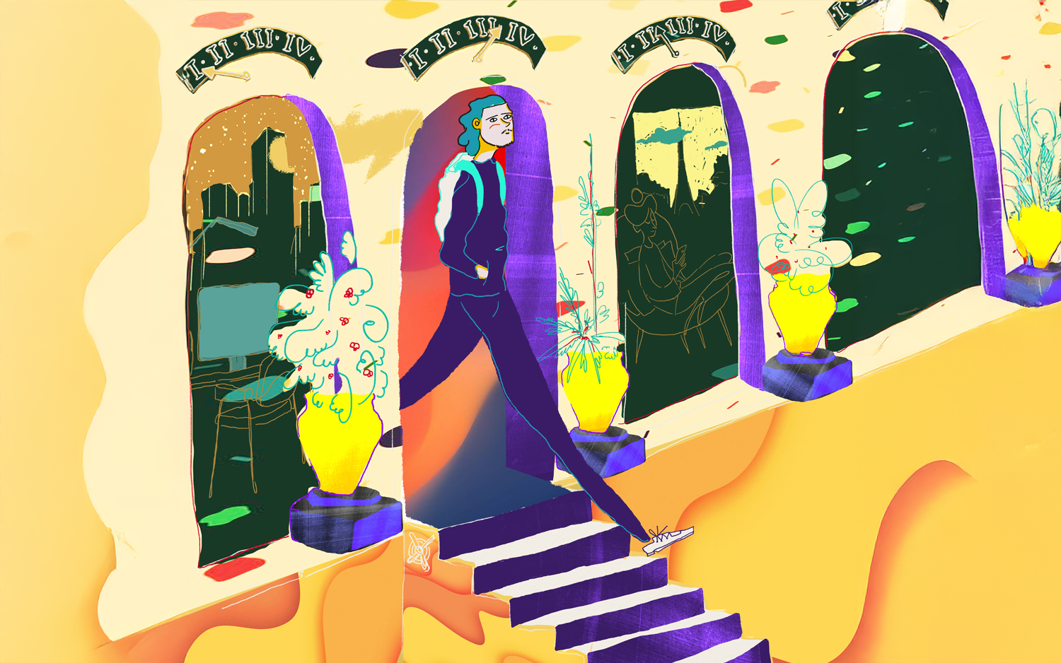 Light dances through the archways, casting patterns that speak of warmth, nostalgia, and fleeting moments. The figure descending the steps is more than a subject—it’s a memory, painted with colours that refuse to fade.