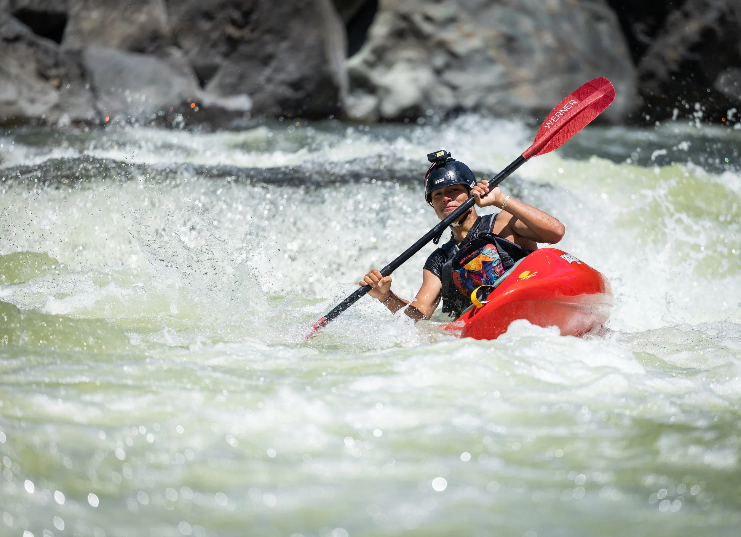 'A:de'ts Rogers (19) Indigenous kayaker on the First Descent of the Klamath River 2025. Photo by Erik Boomer.