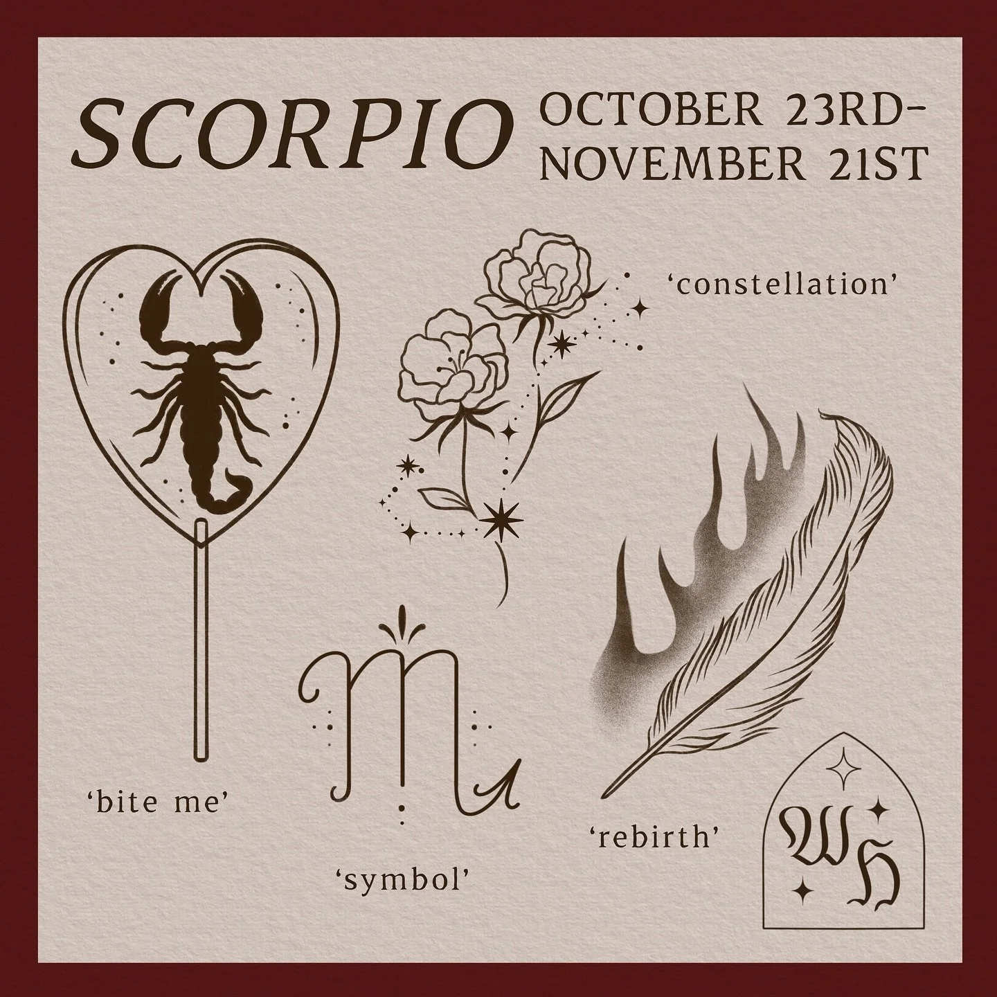 Happy Scorpio season 🦂♏️ 
Sizes:
‘bite me’: 2x4 inches
‘constellation’: 3.5x4 inches
‘symbol’: 2x2 inches
‘rebirth’: 4x4 inches 
─── ⋆ •✧• ⋆ ───
#tattooartist #tattoos #illustrativetattoos