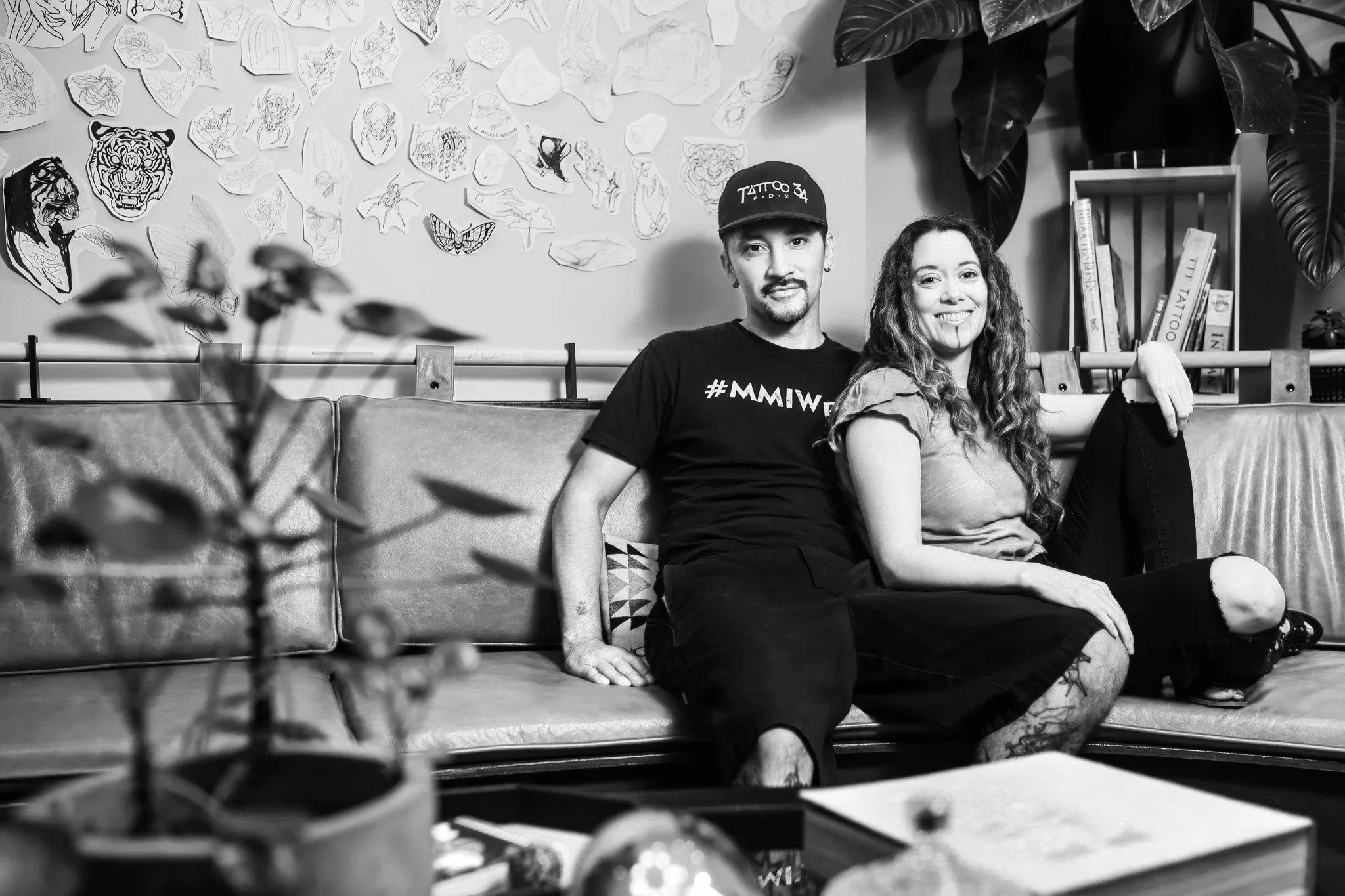 Tattoo shop owners. Family owned tattoo shop. Husband and wife team at Tattoo 34 in Portland, OR. Indigenous and Black owned business on SE Hawthorne. 