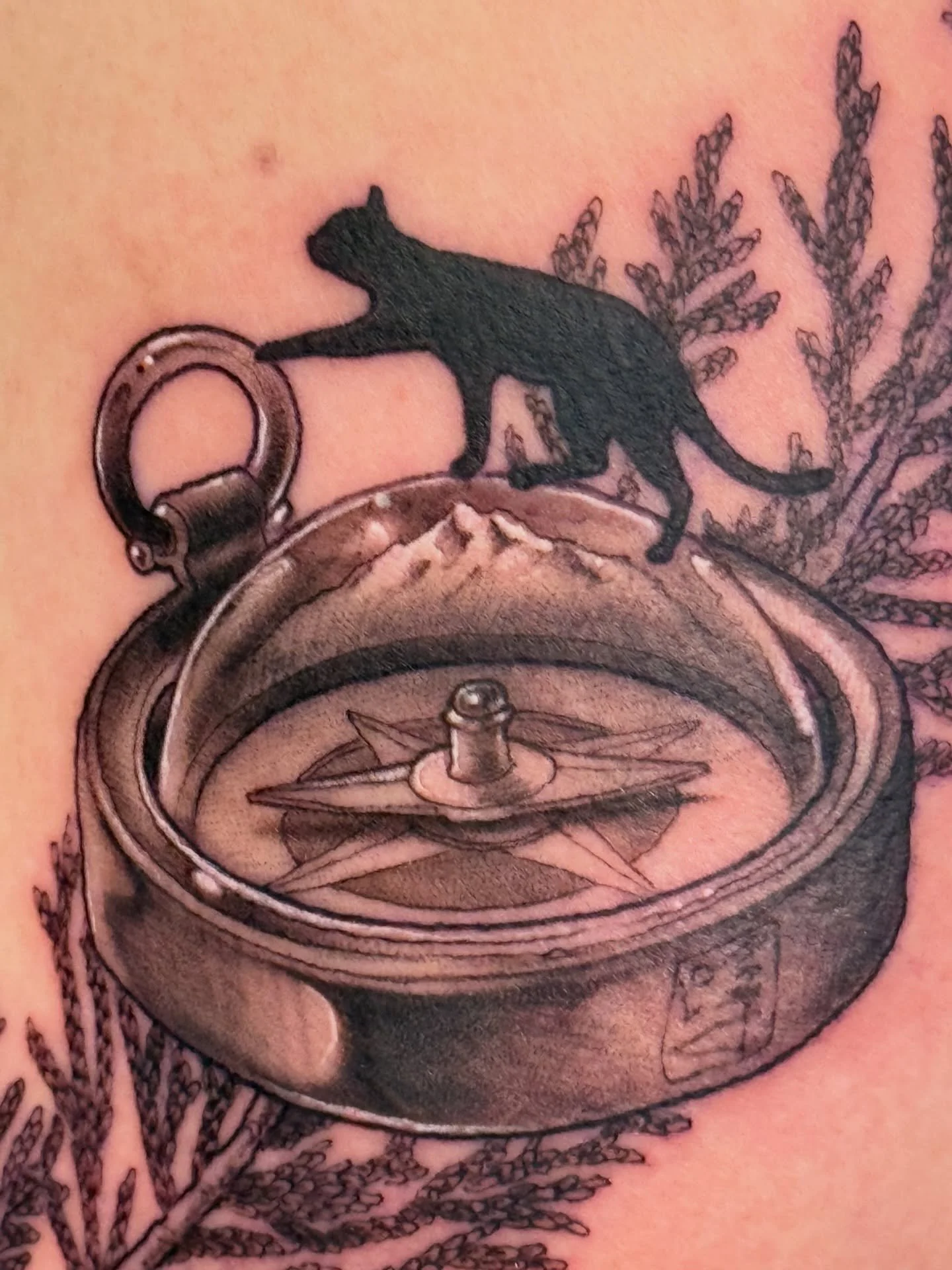 Cedar spray, domed compass, black cat, and Mt. Hood made for Scott and Kelley.
