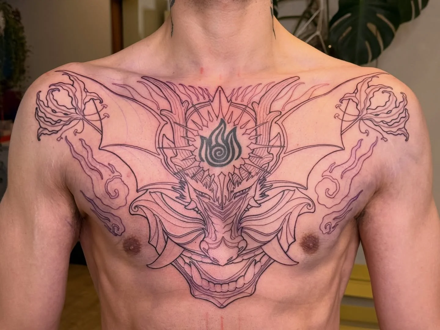 Lines down for Rob&rsquo;s chest tattoo. Inspo from Zuko&rsquo;s blue spirit mask, Ran, Shaw, the dancing dragon, and fire lilies. We are working around an existing Fire Nation emblem (not made by me) but what a great start.

Swipe over ➰ for design 